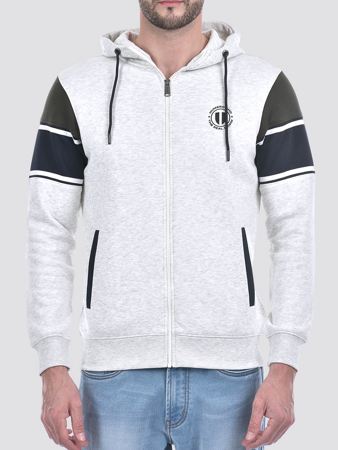 Numero Uno Men Grey Color Block Hooded Neck Brushed Fleece Sweatshirt